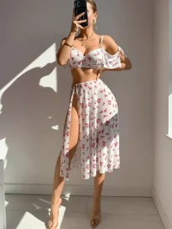 Bridal Lingerie Pajama Sets White Polyester Layered 3-Piece Bra Panty Skirt Lingerie Sleepwear