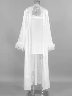Bridal Lingerie Pajamas Sleepwear Robes White Feathers Indoor Negligees Nightgown