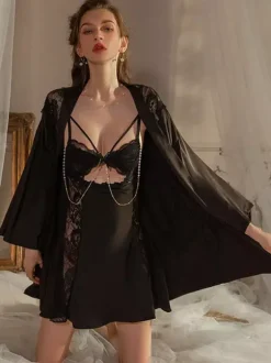 Bridal Lingerie Pajamas & Sleepwear Champagne Lace 1 Piece Long Sleeves Silk-like Lingerie