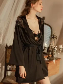 Bridal Lingerie Pajamas & Sleepwear Champagne Lace 1 Piece Long Sleeves Silk-like Lingerie