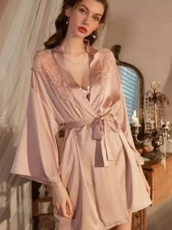 Bridal Lingerie Pajamas & Sleepwear Champagne Lace 1 Piece Long Sleeves Silk-like Lingerie
