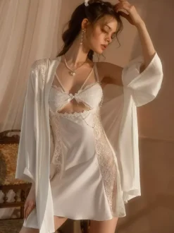 Bridal Lingerie Pajamas & Sleepwear Champagne Lace 1 Piece Long Sleeves Silk-like Lingerie