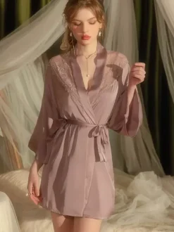 Bridal Lingerie Pajamas & Sleepwear Champagne Lace 1 Piece Long Sleeves Silk-like Lingerie