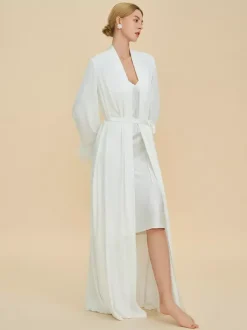 Bridal Lingerie Pajamas Sleepwear Robes White Feathers Negligees Nightgown