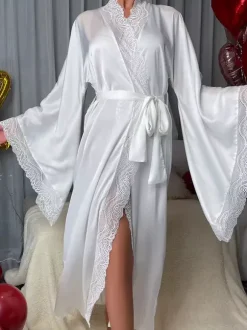 Bridal Lingerie Pajamas Sleepwear Robes White Lace Up Indoor Lingerie Negligees Nightgown