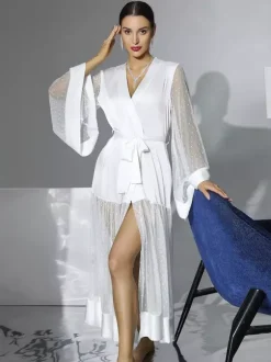 Bridal Lingerie Pajamas Sleepwear Robes White Pleated Indoor Negligees Nightgown