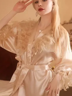 Bridal Lingerie Pajamas Sleepwear Robes White Lace Up Indoor Lingerie Negligees Nightgown