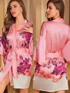 Bridal Lingerie Pajamas Sleepwear Robes Dark Navy Lace Up Printed Negligees Nightgown