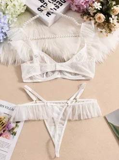 Bridal Lingerie 2-Piece Ruffled Lace White Bra Panty Sets