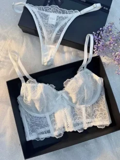 Bridal Lingerie Ruffled Lace White Bra Panty 2-Piece Sets