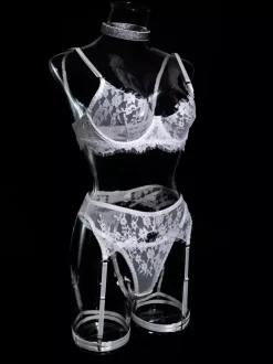 Bridal Lingerie Ruffled Lace White 4-Piece Bra Panty Sets