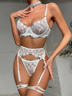 Bridal Lingerie Ruffled Lace White 4-Piece Bra Panty Sets