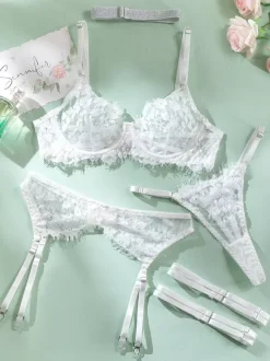 Bridal Lingerie Ruffled Lace White 4-Piece Bra Panty Sets