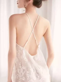 Bridal Lingerie Sexy Lace Chemise White Backless Semi Sheer Mini Dress Halter Nightgown with Scalloped Hem