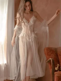 Bridal Lingerie Women Chemise White Lace Sheer Stretch Chemise Overcoat Panty 3-Piece Set Sexy Lingerie Outfit
