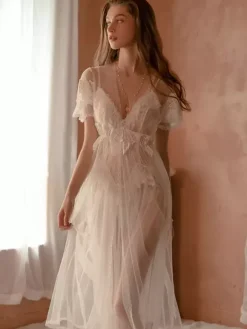 Bridal Lingerie Women Chemise White Lace Sheer Stretch Chemise Overcoat Panty 3-Piece Set Sexy Lingerie Outfit