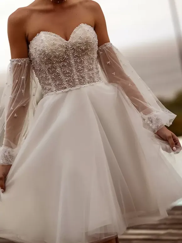 Bridal Mini Dress Short Wedding Dress Strapless Long Sleeves Short Short Bridal Gowns