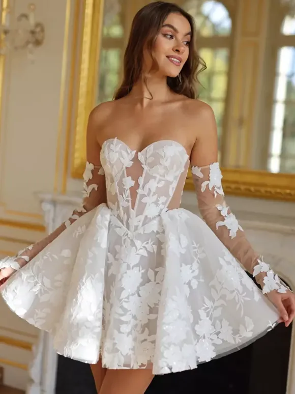 Bridal Mini Dress Short Wedding Dress Short Sweetheart Neck Half Sleeves Short Natural Waist Lace Bridal Dresses