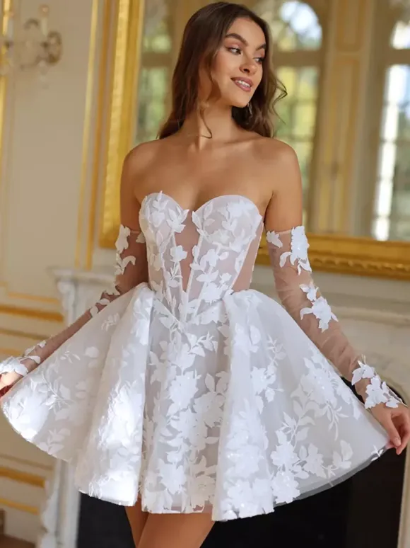 Bridal Mini Dress Short Wedding Dress Short Sweetheart Neck Half Sleeves Short Natural Waist Lace Bridal Dresses