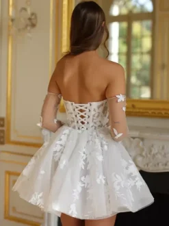 Bridal Mini Dress Short Wedding Dress Short Sweetheart Neck Half Sleeves Short Natural Waist Lace Bridal Dresses