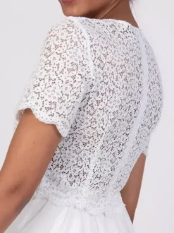 Bridal Mini Dress Short Wedding Dress Lace Cut Out Jewel Neck Tea-Length Wedding Dress Functional Buttons Short Sleeves Ivory
