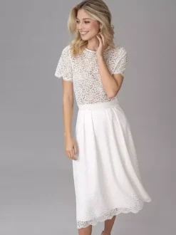 Bridal Mini Dress Short Wedding Dress Lace Cut Out Jewel Neck Tea-Length Wedding Dress Functional Buttons Short Sleeves Ivory