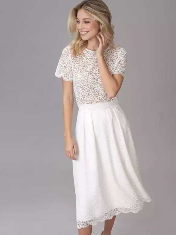 Bridal Mini Dress Short Wedding Dress Lace Cut Out Jewel Neck Tea-Length Wedding Dress Functional Buttons Short Sleeves Ivory