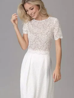 Bridal Mini Dress Short Wedding Dress Lace Cut Out Jewel Neck Tea-Length Wedding Dress Functional Buttons Short Sleeves Ivory
