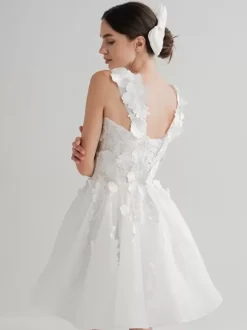 Bridal Mini Dress Short Wedding Dresses Short Off-The-Shoulder Sleeveless Short Natural Waist Lace Short Bridal Dress