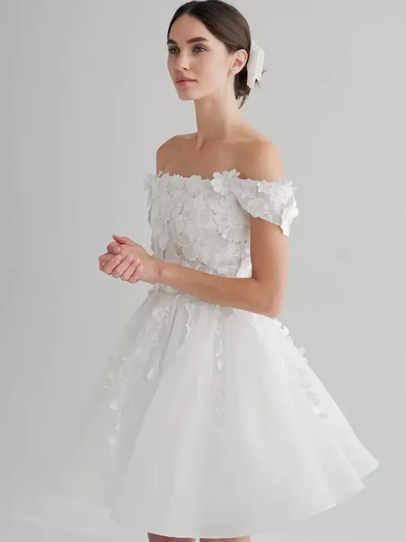 Bridal Mini Dress Short Wedding Dresses Short Off-The-Shoulder Sleeveless Short Natural Waist Lace Short Bridal Dress