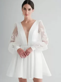 Bridal Mini Dress Short Wedding Dress V-Neck Long Sleeves A-Line Short Bridal Gowns