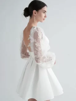 Bridal Mini Dress Short Wedding Dress V-Neck Long Sleeves A-Line Short Bridal Gowns