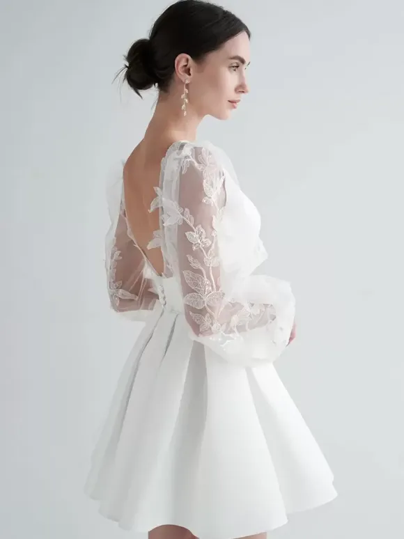 Bridal Mini Dress Short Wedding Dress V-Neck Long Sleeves A-Line Short Bridal Gowns