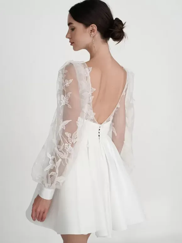 Bridal Mini Dress Short Wedding Dress V-Neck Long Sleeves A-Line Short Bridal Gowns