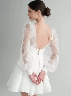 Bridal Mini Dress Short Wedding Dress V-Neck Long Sleeves A-Line Short Bridal Gowns