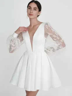 Bridal Mini Dress Short Wedding Dress V-Neck Long Sleeves A-Line Short Bridal Gowns
