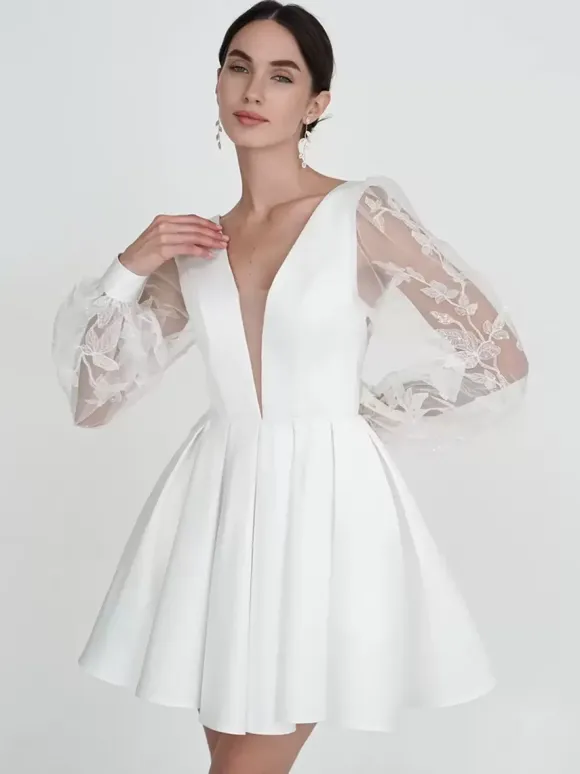 Bridal Mini Dress Short Wedding Dress V-Neck Long Sleeves A-Line Short Bridal Gowns