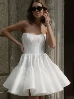 Bridal Mini Dress Short Wedding Dresses Short Sweetheart Neck Sleeveless Short Natural Waist Satin Fabric Short Bridal Dress