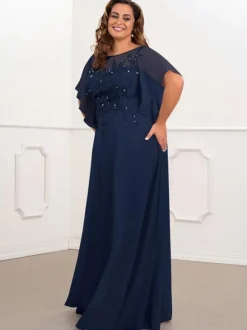 Bridal Mother Dress Bateau Neck Short Sleeves A-Line Beaded Chiffon Navy Blue Long Wedding Guest Dresses