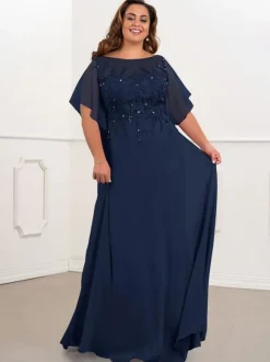 Bridal Mother Dress Bateau Neck Short Sleeves A-Line Beaded Chiffon Navy Blue Long Wedding Guest Dresses