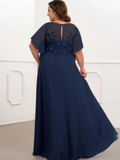 Bridal Mother Dress Bateau Neck Short Sleeves A-Line Beaded Chiffon Navy Blue Long Wedding Guest Dresses