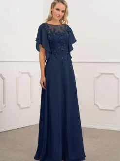 Bridal Mother Dress Bateau Neck Short Sleeves A-Line Beaded Chiffon Navy Blue Long Wedding Guest Dresses