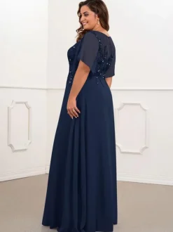 Bridal Mother Dress Bateau Neck Short Sleeves A-Line Beaded Chiffon Navy Blue Long Wedding Guest Dresses
