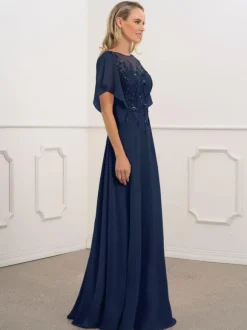 Bridal Mother Dress Bateau Neck Short Sleeves A-Line Beaded Chiffon Navy Blue Long Wedding Guest Dresses