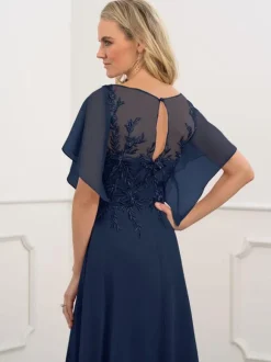 Bridal Mother Dress Bateau Neck Short Sleeves A-Line Beaded Chiffon Navy Blue Long Wedding Guest Dresses
