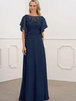 Bridal Mother Dress Bateau Neck Short Sleeves A-Line Beaded Chiffon Navy Blue Long Wedding Guest Dresses