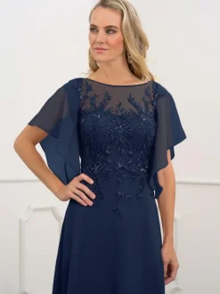Bridal Mother Dress Bateau Neck Short Sleeves A-Line Beaded Chiffon Navy Blue Long Wedding Guest Dresses