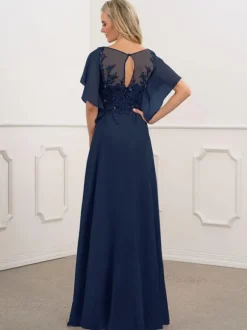 Bridal Mother Dress Bateau Neck Short Sleeves A-Line Beaded Chiffon Navy Blue Long Wedding Guest Dresses