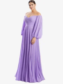Bridal Mother Dress Bateau Neck Long Sleeves A-Line Pleated Floor-Length Guest Dresses For Wedding