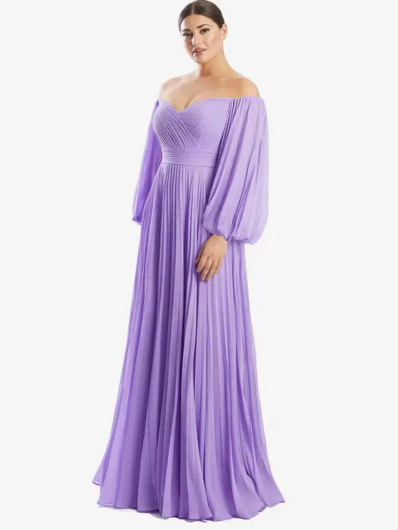 Bridal Mother Dress Bateau Neck Long Sleeves A-Line Pleated Floor-Length Guest Dresses For Wedding